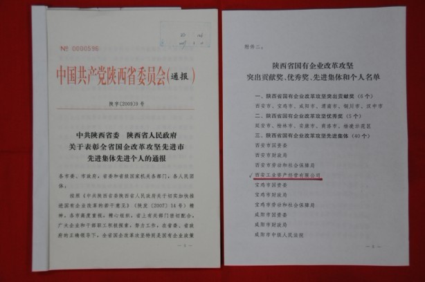 2009年2月，被陜西省委、省政府授予陜西省國有企業(yè)改革攻堅先進集體